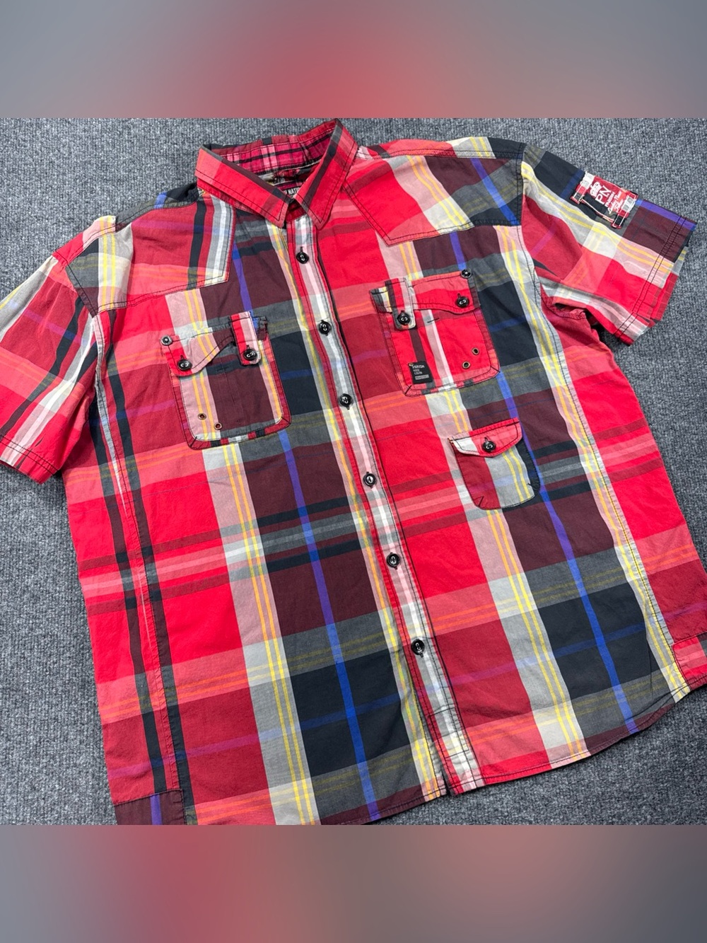 Parish Nation Red/Black Plaid Men’s Short Sleeve Button Up Shirt Size 3XL